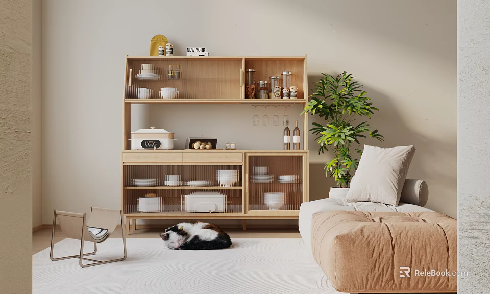 Wooden Sideboard with Dishes Decorations and Appliance in Living Room with Plant Cat and Sofa 3d model 