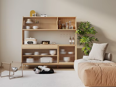 Wooden Sideboard with Dishes Decorations and Appliance in Living Room with Plant Cat and Sofa 3d model