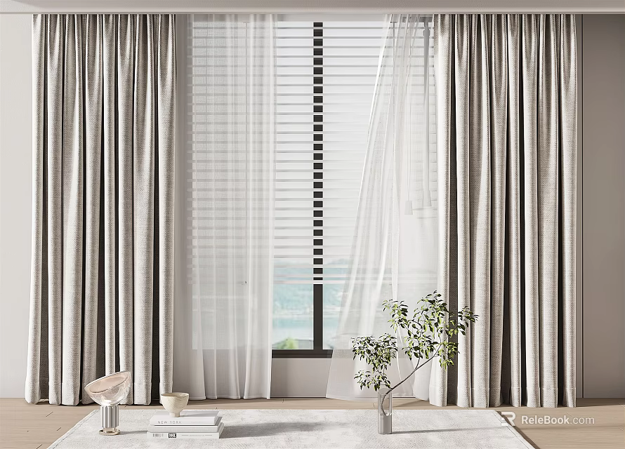 Light Gray Curtains With Sheer Panels And Venetian Blinds For Sea View Interior 3d model 