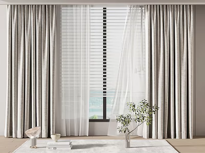 Light Gray Curtains With Sheer Panels And Venetian Blinds For Sea View Interior 3d model