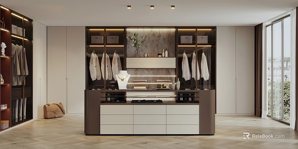Luxury Walk in Closet Design With Hanging White Shirts Marble Accent Wall And Storage Drawers 3d model 