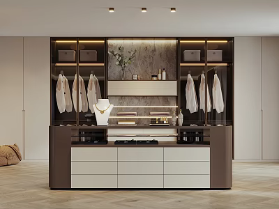 Luxury Walk in Closet Design With Hanging White Shirts Marble Accent Wall And Storage Drawers 3d model