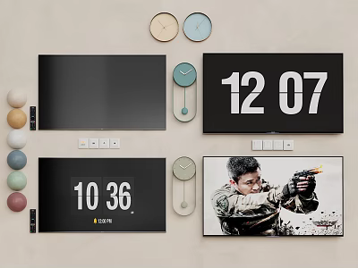 Television Screens Displaying Time And Action Scene With Colorful Decorative Balls 3d model