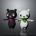 Two Black and White Bears Holding Hands with Red Eyes and Green Scarf on Gray Background