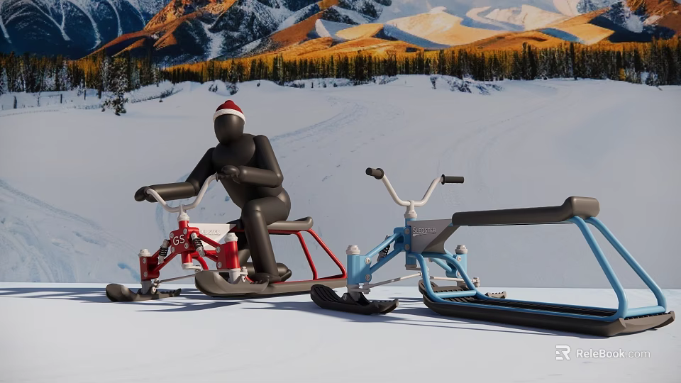 Red And Blue Snow Bikes Sports Equipment In Snowy Mountain Forest Background 3d model 