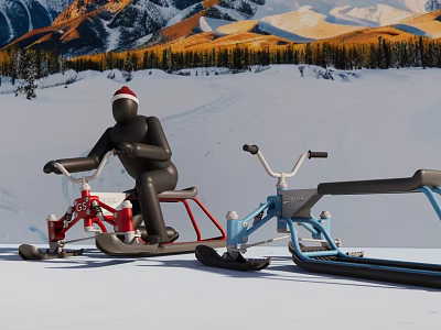 Red And Blue Snow Bikes Sports Equipment In Snowy Mountain Forest Background 3d model