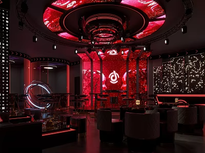 Red Themed Bar Interior With Circular Ceiling Glowing Decor And Seating Area 3d model
