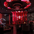 Red Themed Bar Interior With Circular Ceiling Glowing Decor And Seating Area 3d model