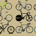 Various Types of Bicycles Including Road and Mountain Styles with Displayed Wheels