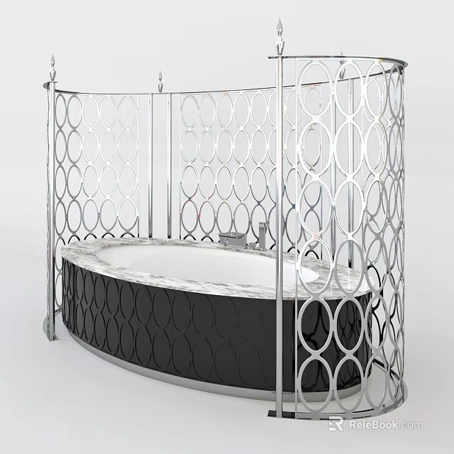 Stylish Oval Bathtub With Chrome Lattice Frame And Black Wave Patterned Base 3d model 