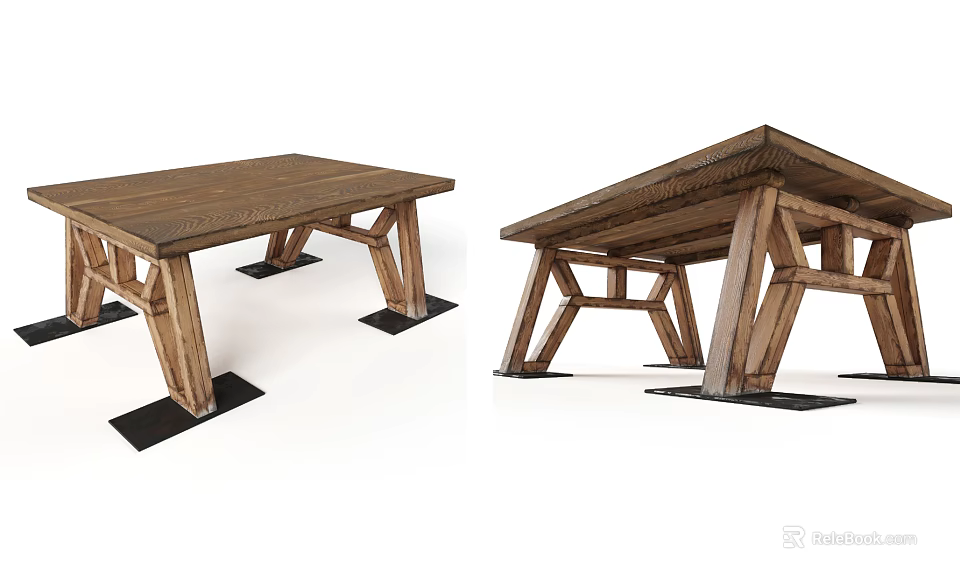 Rustic Wooden Dining Table With Sturdy Cross Legs And Natural Solid Structure Design 3d model