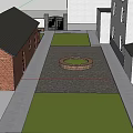 Scenic Courtyard With Paved Path Flowering Trees Circular Planter White Walls And Blue Windows