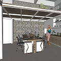Public Office Space With Brick Walls Glass Doors Conference Table Staircase And Neon Sign Plants