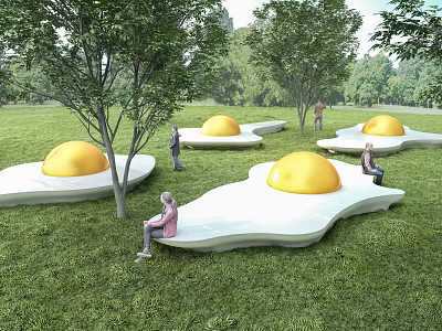 Outdoor Landscape Seats with Fried Egg Shape in Grassland with Trees and People Sitting 3d model
