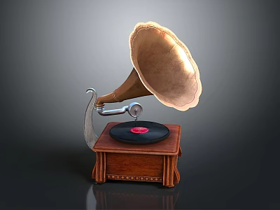 Vintage Gramophone With Brass Horn Vinyl Record And Carved Wooden Base 3d model