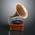 Vintage Gramophone With Brass Horn Vinyl Record And Carved Wooden Base