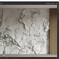 White Textured Stone Bedroom Accent Wall With Wooden Panels And Green Plant Vase