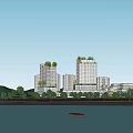 Modern Urban High Rise Buildings With Green Roofs Waterfront Reflection And Blue Sky