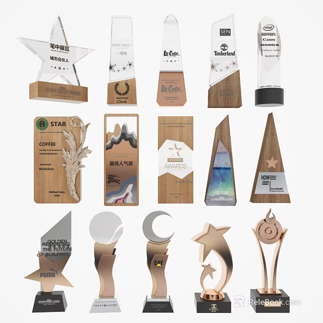 Modern Award Trophies Design With Wooden Metal Glass And Star Elements 3d model 