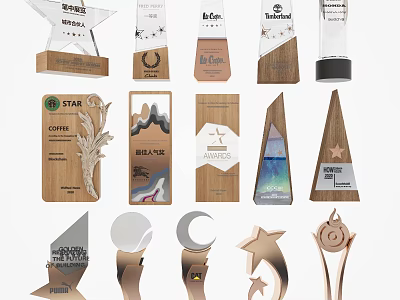 Modern Award Trophies Design With Wooden Metal Glass And Star Elements 3d model