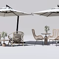 Outdoor Wicker Tables And Chairs Set With Umbrellas And Flower Vases