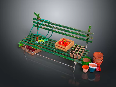 Green Wooden Garden Bench with Plant Pots Gardening Tools and Fresh Vegetables 3d model