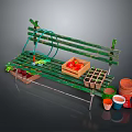 Green Wooden Garden Bench with Plant Pots Gardening Tools and Fresh Vegetables
