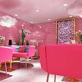 Pink Themed Bubble Tea Shop Interior With Mirrored Walls Staircase And Floral Decor