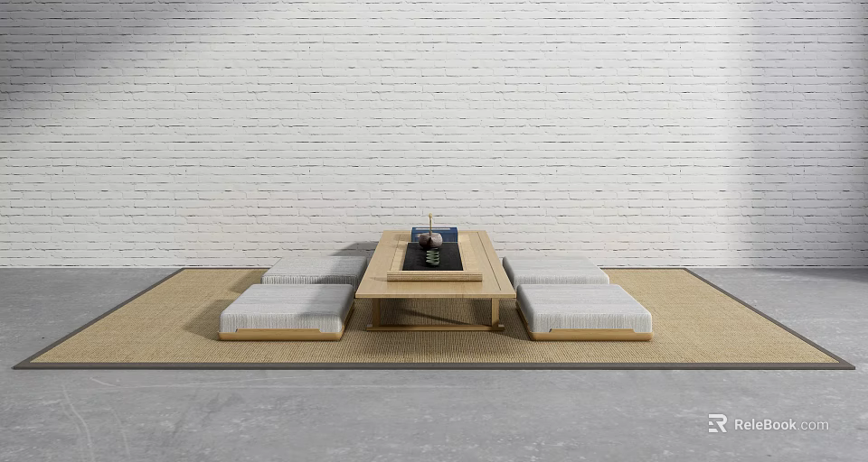 Japanese Wooden Tea Table Set With Padded Seats And Tatami Mat 3d model 