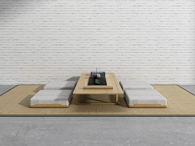 Japanese Wooden Tea Table Set With Padded Seats And Tatami Mat 3d model
