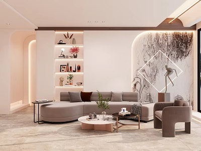 Modern Living Room Interior With Curved Sofa Round Coffee Table Decorative Shelves And Wall Artwork 3d model