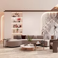 Modern Living Room Interior With Curved Sofa Round Coffee Table Decorative Shelves And Wall Artwork
