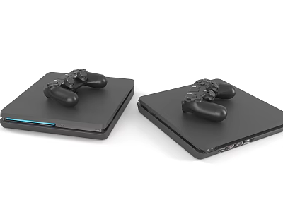 Modern Entertainment Electronics Two Black Game Consoles With Controllers On Top 3d model