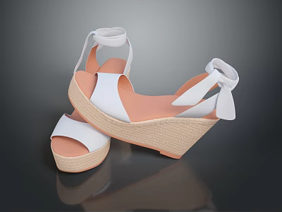 White Wedge Sandals With Ankle Strap Design And Straw Sole For Casual Summer Wear 3d model