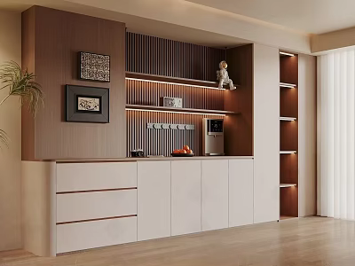 Modern Wooden Sideboard With Illuminated Shelves And Decorative Items In Interior 3d model