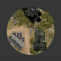 Cartoon Scene With Water Tower Trees Old Tower Small Houses Fence And Circular Base