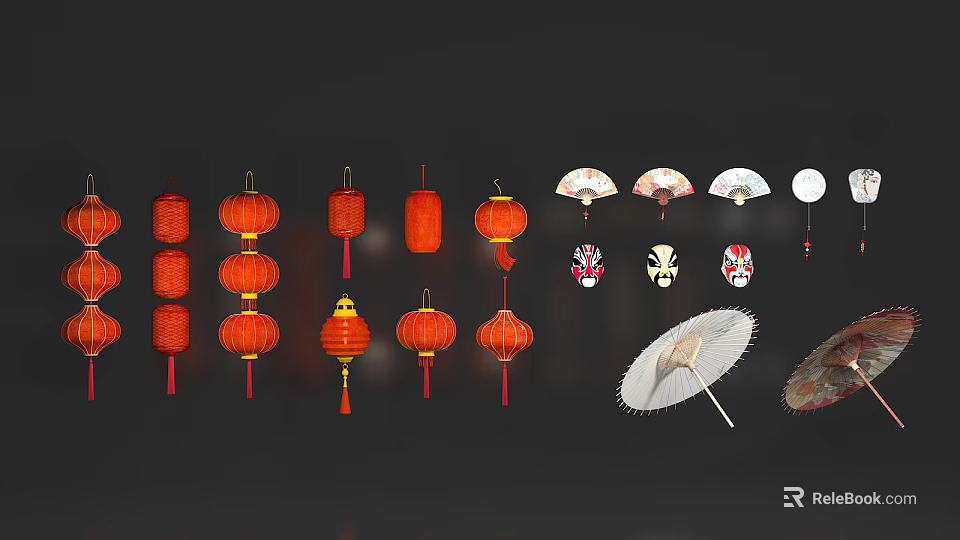 Traditional Red Chinese Lanterns Hanging With Decorative Fans And Masks 3d model 