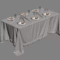Elegant Dining Table Setup With White Tablecloth Tableware Wine Glasses And Food 3d model