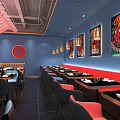 Hot Pot Restaurant Interior Design With Blue Walls Red Accents Decorative Posters And Hanging Lights