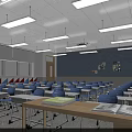 School Classroom Interior With Rows Of Desks Chairs Blackboard Windows And Ceiling Lights 3d model