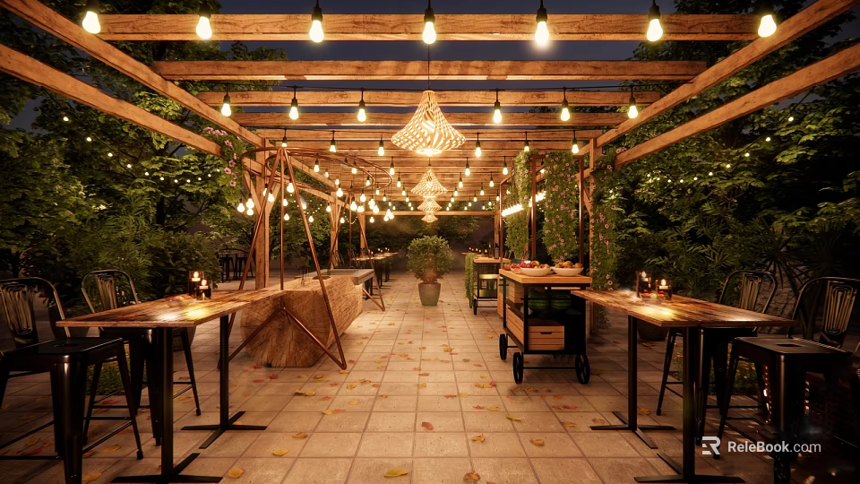 Outdoor Garden Space With Wooden Pergola String Lights Long Tables Greenery And Stone Tile Floor 3d model 