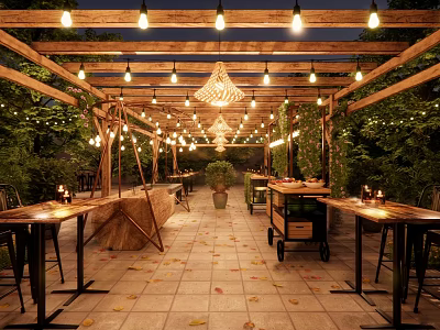 Outdoor Garden Space With Wooden Pergola String Lights Long Tables Greenery And Stone Tile Floor 3d model