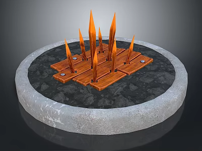 Outdoor Decorative Fire Pit Structure With Circular Stone Base Wooden Platform And Orange Flame Elements 3d model