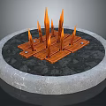 Outdoor Decorative Fire Pit Structure With Circular Stone Base Wooden Platform And Orange Flame Elements