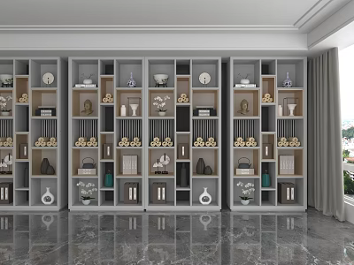 Modern Storage Shelving Unit with Multiple Compartments Decorative Vases Ornaments in Room with Marble Floor 3d model