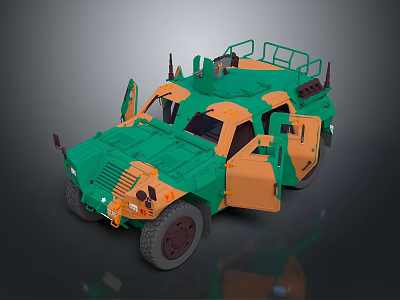 Green And Orange Military Vehicle With Open Doors And Roof Rack Equipment 3d model