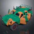 Green And Orange Military Vehicle With Open Doors And Roof Rack Equipment
