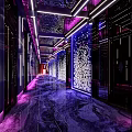 Modern KTV Corridor With Purple Blue Lighting Decorative Ceiling And Red Glowing Elements 3d model