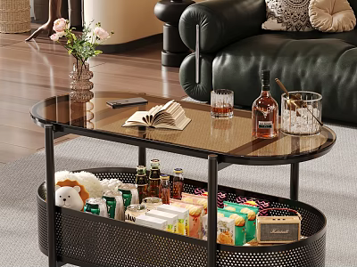 Oval Glass Top Coffee Table With Metal Frame Storage Basket For Snacks Drinks Book And Sofa 3d model