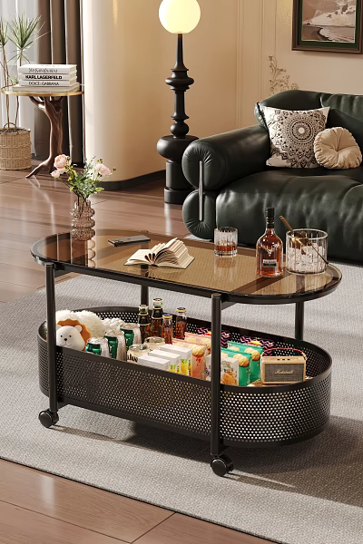 Oval Glass Top Coffee Table With Metal Frame Storage Basket For Snacks Drinks Book And Sofa 3d model